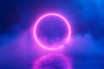Wall Mural - neon violet ring shrouded in smoke or fog. dark background. glow effect. 3d rendering. modern style.