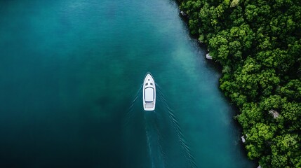 Aufkleber - Aerial view of a luxurious yacht sailing in clear turquoise waters alongside lush green forests : Generative AI