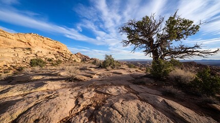 Poster - Stunning Rocky Landscape Under Dramatic Blue Sky with Ancient Tree in the Foreground : Generative AI