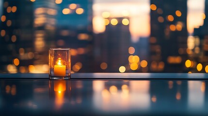 Poster - Candle glowing in glass holder overlooking city skyline with beautiful bokeh lights at twilight : Generative AI