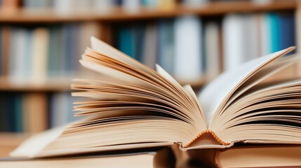 Poster - Open book with pages fanned out revealing text and contrasting against wooden background : Generative AI