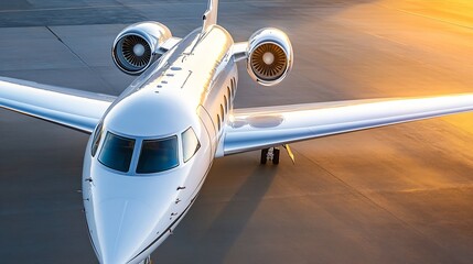 Poster - Luxurious private jet resting on the runway with sleek design under golden sunset light : Generative AI