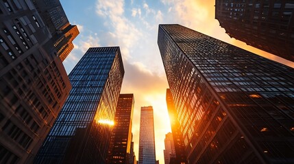 Aufkleber - Dramatic urban skyline as the sun sets behind towering skyscrapers reflecting golden light : Generative AI