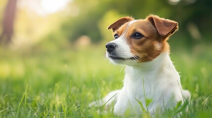 Poster - Curious small dog laying in a grassy field with a focused expression on its face : Generative AI