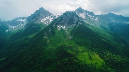 Aufkleber - Stunning Aerial View of Majestic Mountains Surrounded by Lush Greenery Under Cloudy Sky : Generative AI