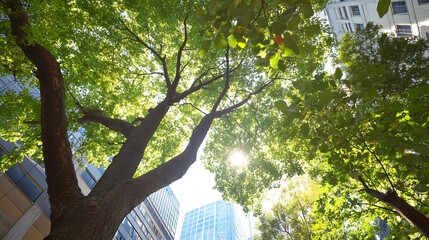 Aufkleber - Stunning view of a vibrant green tree canopy against a modern cityscape showcasing nature's resilience : Generative AI