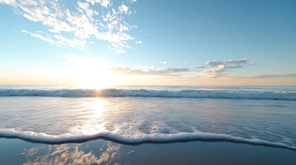 Poster - Serene beach landscape at sunset with soft waves and a clear sky reflecting beautiful colors : Generative AI
