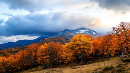 Poster - Breathtaking autumn landscape with vibrant orange trees and majestic mountains under a dramatic sky : Generative AI