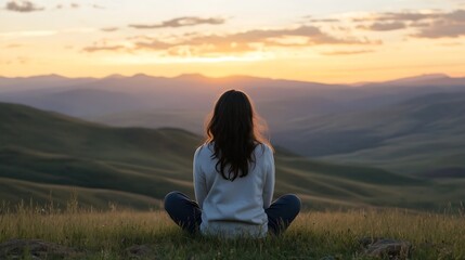 Poster - Woman Meditation on a Hilltop During a Breathtaking Sunset Over the Mountains : Generative AI