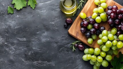 Poster - Fresh green and purple grapes arranged on a cutting board with olive oil for healthy lifestyle : Generative AI