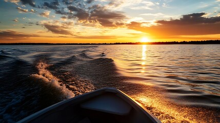 Aufkleber - Idyllic sunset view from a boat with shimmering water trails and colorful reflections on the surface : Generative AI
