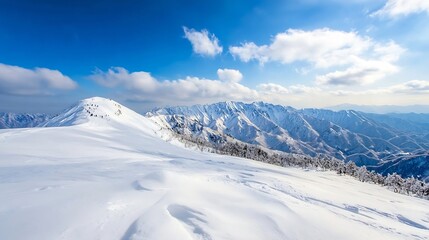 Poster - Stunning panoramic view of snow covered mountains under a bright blue sky : Generative AI