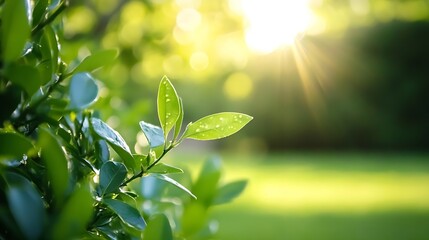 Poster - Close Up of Fresh Green Leaves Glimmering with Dew in a Sunlit Garden Bathed in Warm Light and Natural Beauty : Generative AI