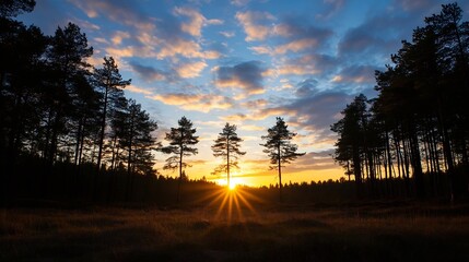 Aufkleber - Dramatic sunrise behind tall trees with vibrant clouds illuminating the sky : Generative AI