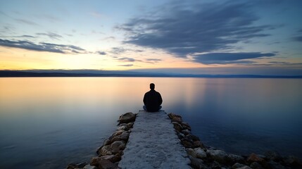 Poster - A person peacefully meditating on a stone pier with a stunning sunset view over serene waters : Generative AI