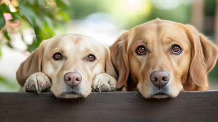 Poster - Two adorable golden retrievers resting their heads on a wooden fence looking curiously at the viewer : Generative AI