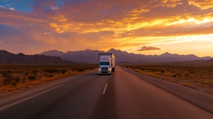 Poster - Large delivery truck driving along an empty highway with breathtaking sunset and majestic mountains in the background : Generative AI