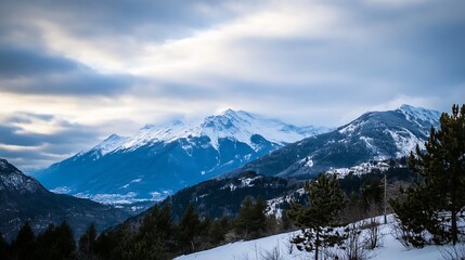 Aufkleber - Stunning panoramic view of snow capped mountains under a cloudy sky during winter season : Generative AI