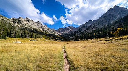 Poster - Stunning Mountain Landscape with a Path Leading Through Golden Grass and Majestic Peaks : Generative AI