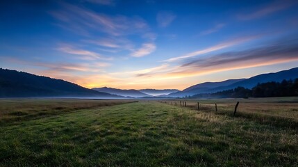 Poster - Tranquil Mountain Meadow at Dawn with Mist and Soft Morning Light : Generative AI