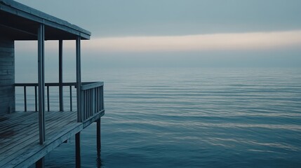 Poster - Misty serene morning by the wooden pier overlooking calm ocean waters creating a peaceful retreat : Generative AI