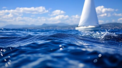 Aufkleber - Gentle Ocean Waves with a White Sailboat in the Background Under a Bright Sky : Generative AI