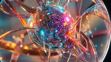 Poster - Futuristic design showcases a vibrant glowing spider-like entity with intricate circuitry details in a high-tech environment