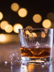Poster - Elegant glass of whiskey with ice shards capturing warm bokeh lights in the background : Generative AI