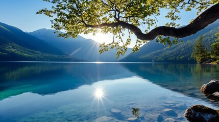 Poster - Stunning Natural Landscape with Sunlight Reflected on Calm Lake Surrounded by Majestic Mountains : Generative AI