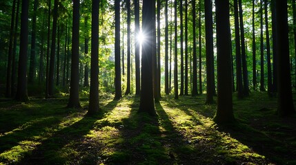 Poster - Enchanting Forest Scene with Sunlight Streaming Through Tall Trees Creating Dramatic Shadows on the Ground : Generative AI