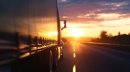 Poster - Dramatic shot of a truck on a highway during a stunning sunset with golden light : Generative AI
