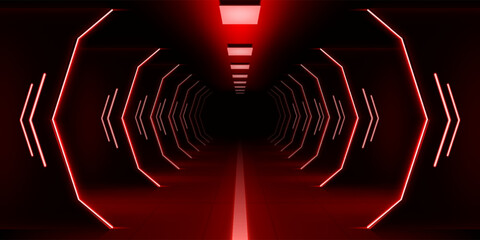 Poster - Red background. Neon casino light. 3D futuristic black energy party stage with gamer technology dynamic effect. Perspective view. Led spotlight shine. Dark runway. Vector abstract banner