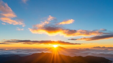 Poster - Breathtaking sunrise view over mountains with vibrant clouds lighting up the sky at dawn : Generative AI