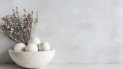 Aufkleber - Elegant arrangement of decorative eggs and dried flowers in a minimalist bowl against a soft textured wall background : Generative AI