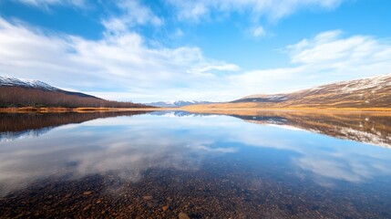 Poster - Serene landscape view of a calm lake surrounded by mountains and blue sky reflections : Generative AI