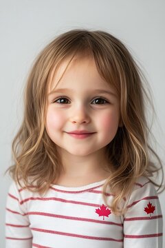 Close-up of a girl wearing a striped T-shirt with a red leaf symbol of Canada.
