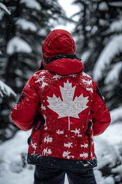 man on his back in the forest while it snows, jacket with the Canada symbol.Canada Day