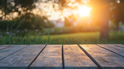 Poster - Sunset Glow on Wooden Deck in Vibrant Park during Golden Hour with Greenery Reflection : Generative AI