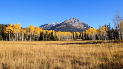 Poster - Golden autumn landscape featuring vibrant aspen trees against a majestic mountain backdrop : Generative AI
