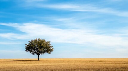 Poster - Solitary tree standing in a golden field beneath a blue sky symbolizing tranquility and isolation : Generative AI