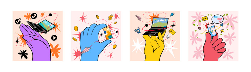 Aufkleber - Doodle hands. Big arm holding phone or laptop. Social media icon. Giant fingers. Mobile business technology. Computer on palm. Smartphone app. Message contact. Vector cartoon concepts set