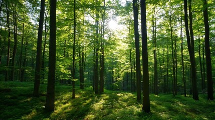 Poster - A serene view of sunlight filtering through the canopy of a lush green forest creating a peaceful atmosphere : Generative AI