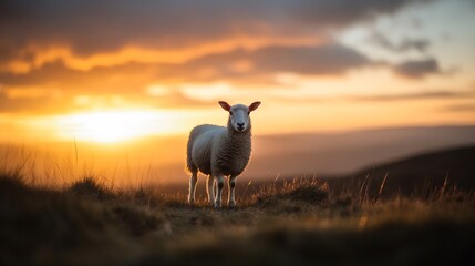 Poster - Lonely sheep standing on a hill at sunset embracing the beauty of nature and tranquility of the landscape : Generative AI