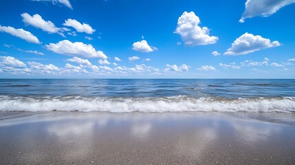 Aufkleber - Idyllic beach scene with gentle waves lapping against sandy shore under blue sky : Generative AI