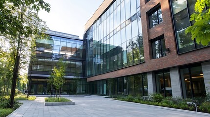 Aufkleber - Modern architectural design showcasing sleek glass and brick facade of a contemporary office building : Generative AI