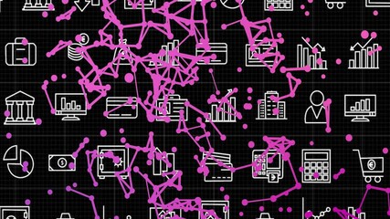 Poster - Animation of purple network connections over business icons on black background