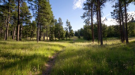 Poster - Serene forest landscape with tall trees and lush green grass under bright blue sky : Generative AI