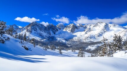Aufkleber - Majestic snowcovered mountains under a bright blue sky presenting a breathtaking winter landscape scene : Generative AI