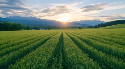 Poster - Lush green rice field stretching towards distant mountains under the warm golden tones of sunset : Generative AI