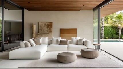 Aufkleber - Elegant contemporary living room showcasing a cozy white sectional sofa and artistic decor elements : Generative AI